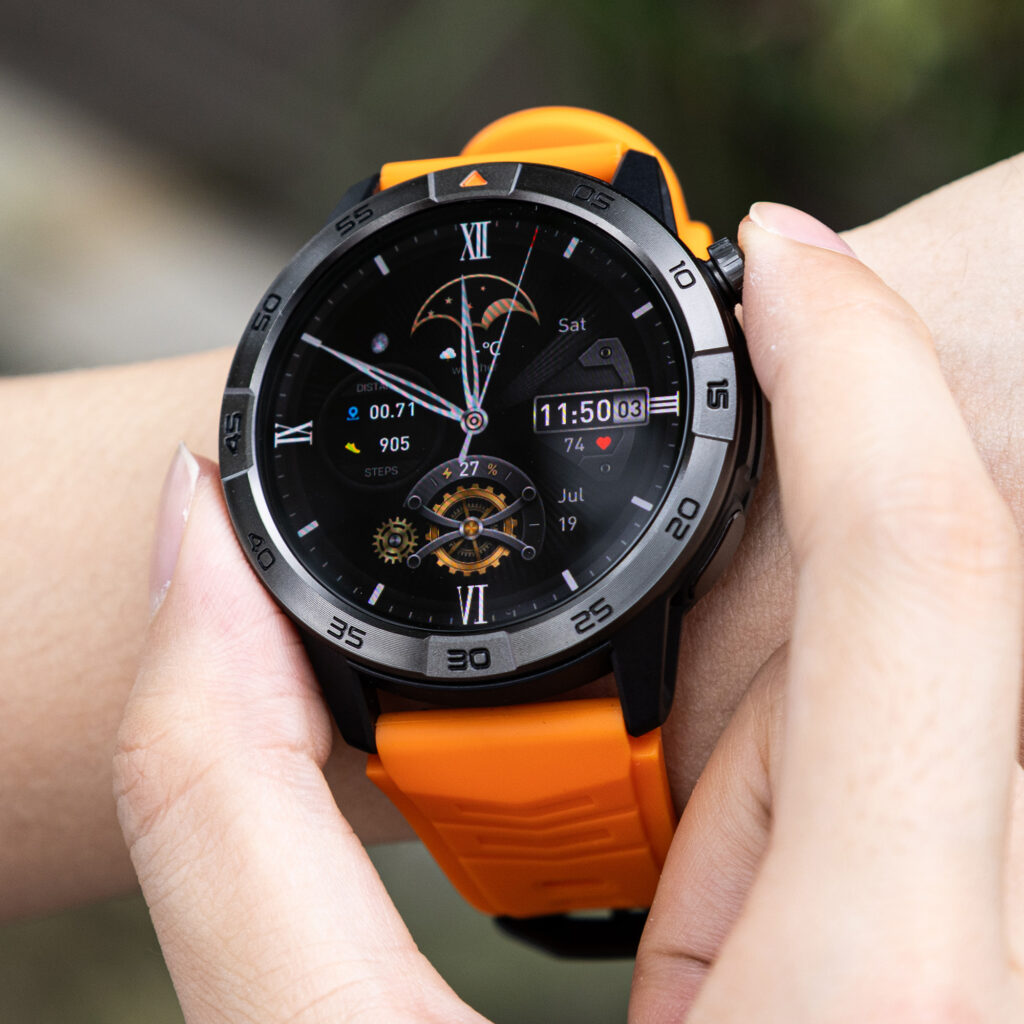 Close-up of an AMOLED smartwatch display showing time, steps, heart rate, and battery level