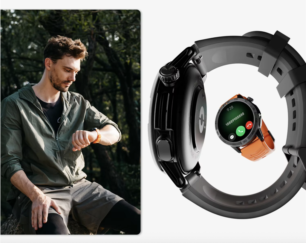 Man checking a Bluetooth calling smartwatch during an outdoor activity