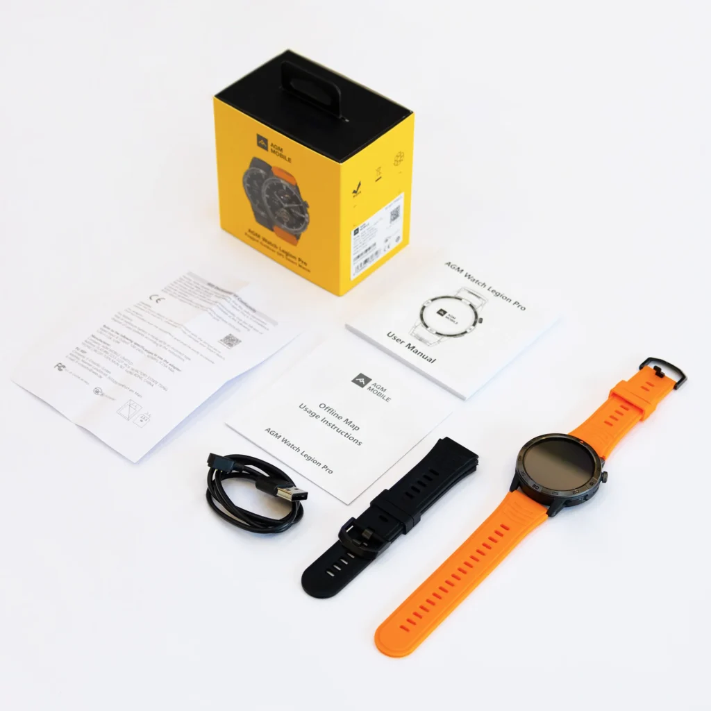 Long-battery smartwatch package with charging cable, extra strap, manuals, and accessories