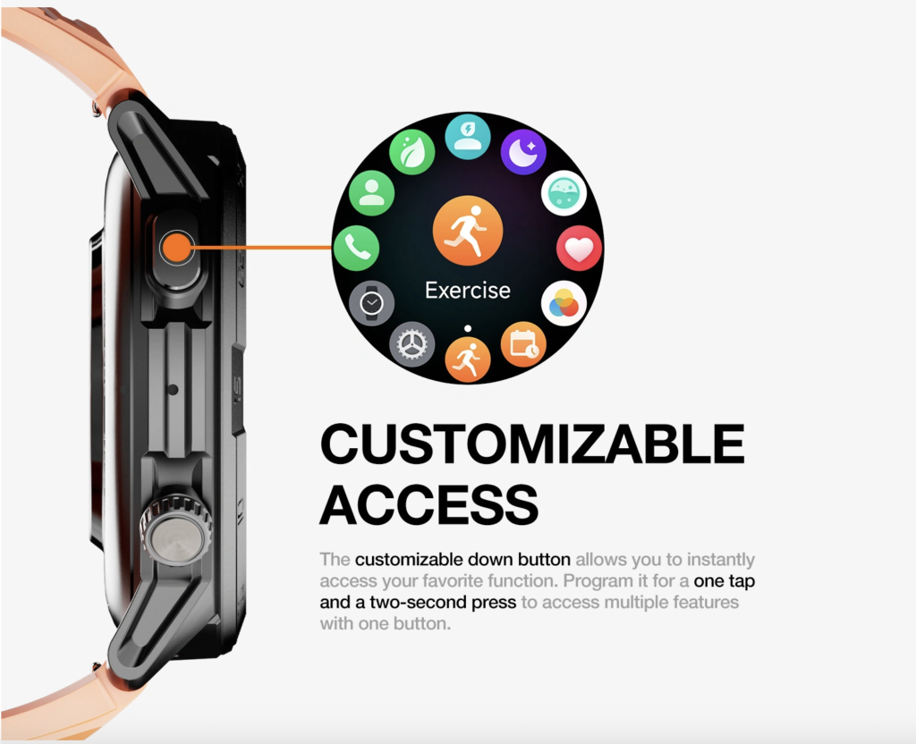 Long-battery smartwatch with customizable shortcut button for quick feature access