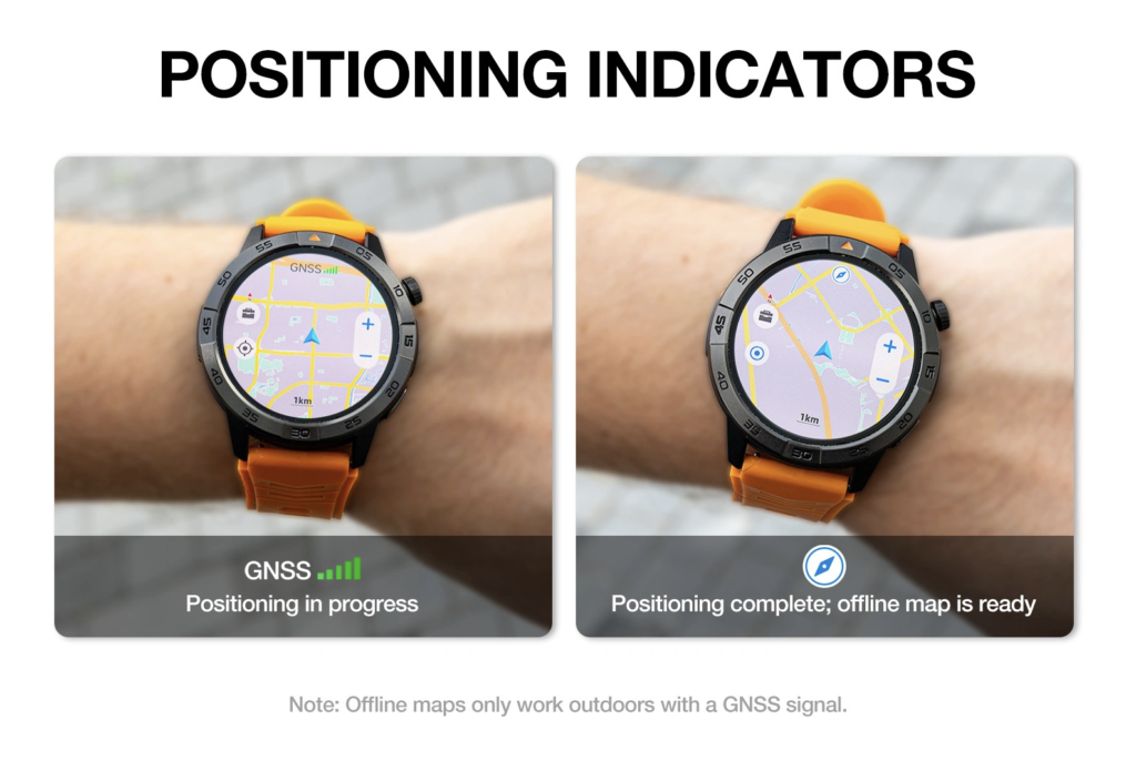 Smartwatch showing GNSS positioning and offline map readiness for outdoor navigation